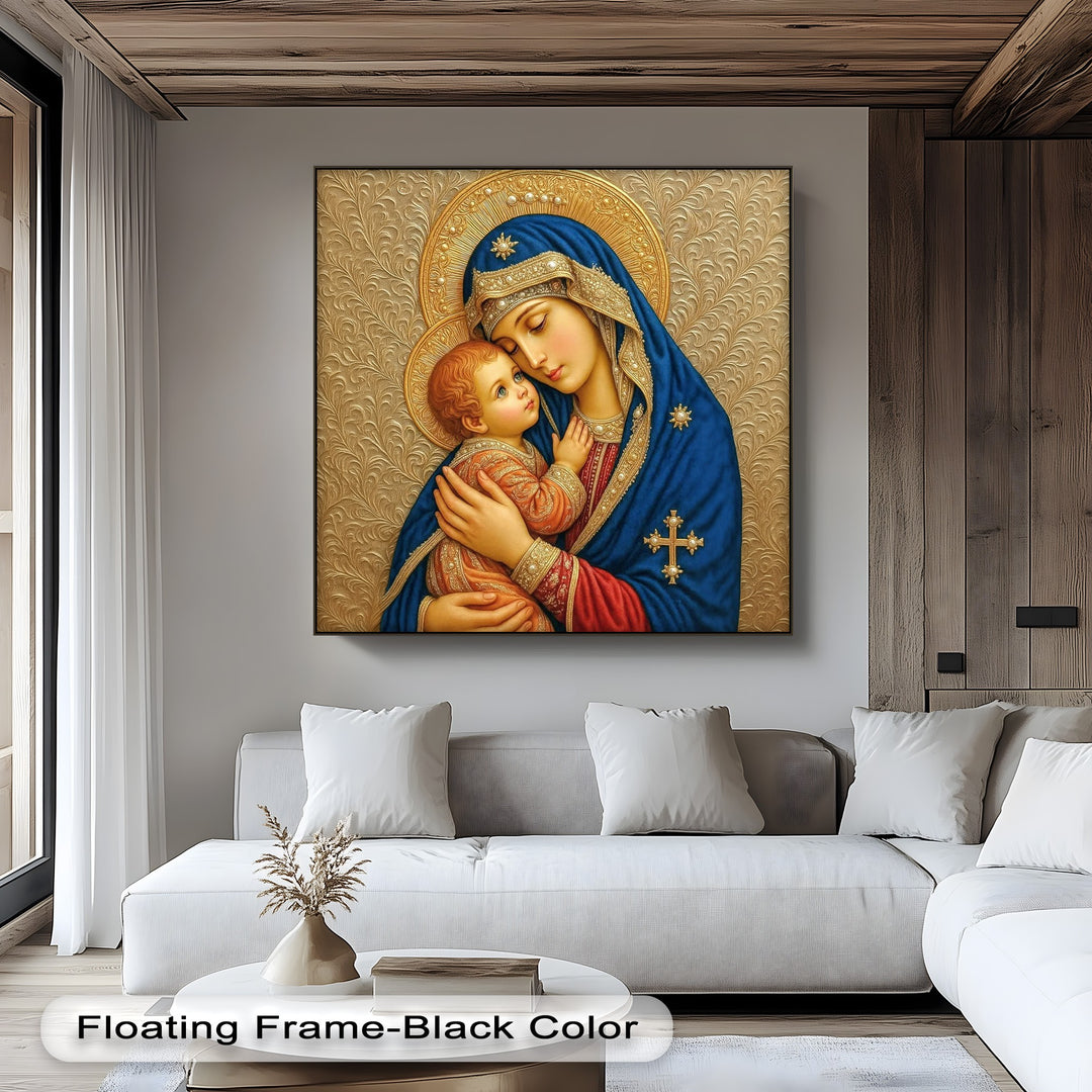 A sleek black floating frame accentuates the deep blue robe of Mary in this serene Madonna and Child canvas wall art.