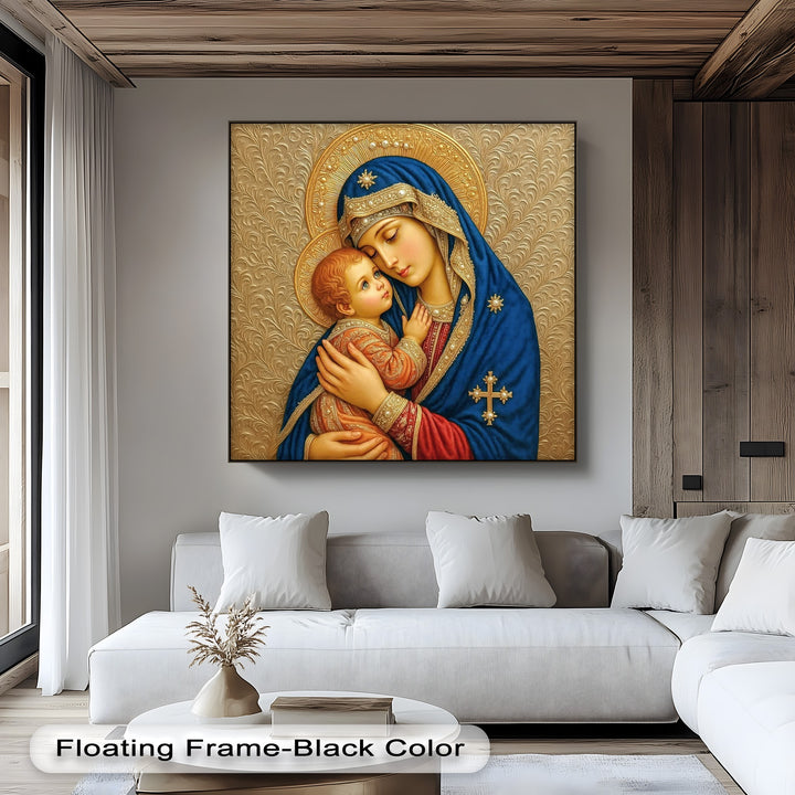 A sleek black floating frame accentuates the deep blue robe of Mary in this serene Madonna and Child canvas wall art.