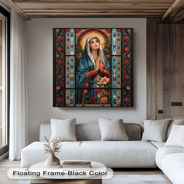 Light and shadow softly illuminate the devotional Stained Glass Mary high quality canvas prints, showing the praying Virgin Mary with vivid roses.