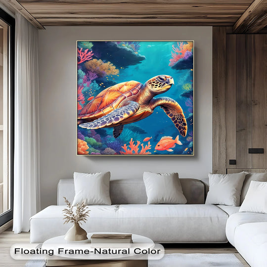 High color saturation brings the Graceful Sea Turtle to life in this vibrant ocean life animal canvas art print, showcasing a dazzling underwater scene.