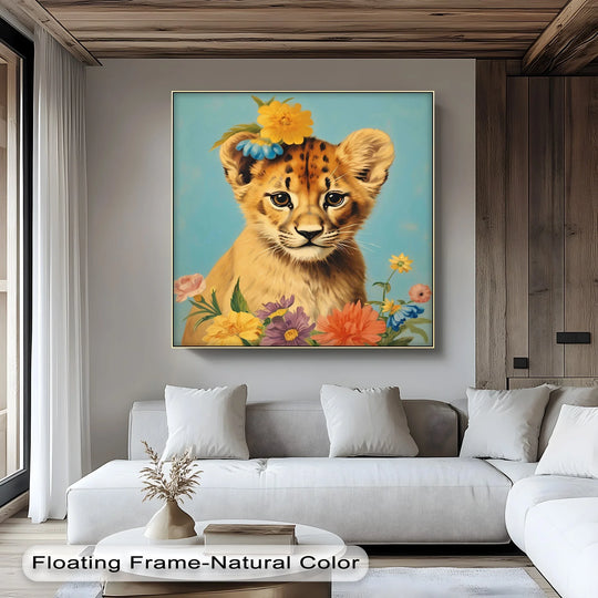 Warm tones highlight the adorable blossom crowned cub animal canvas print, showcasing high quality canvas prints with vibrant floral accents.