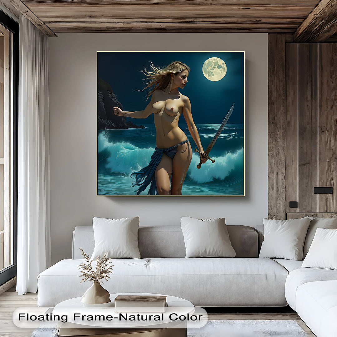 Moonlit Warrior – Sword-Wielding Nude Canvas Wall Art | Abstract Art