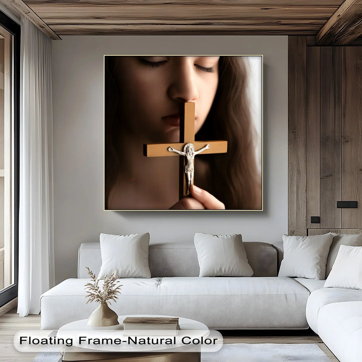 Faithful Prayer – Girl Holding Crucifix Close-Up Canvas Print