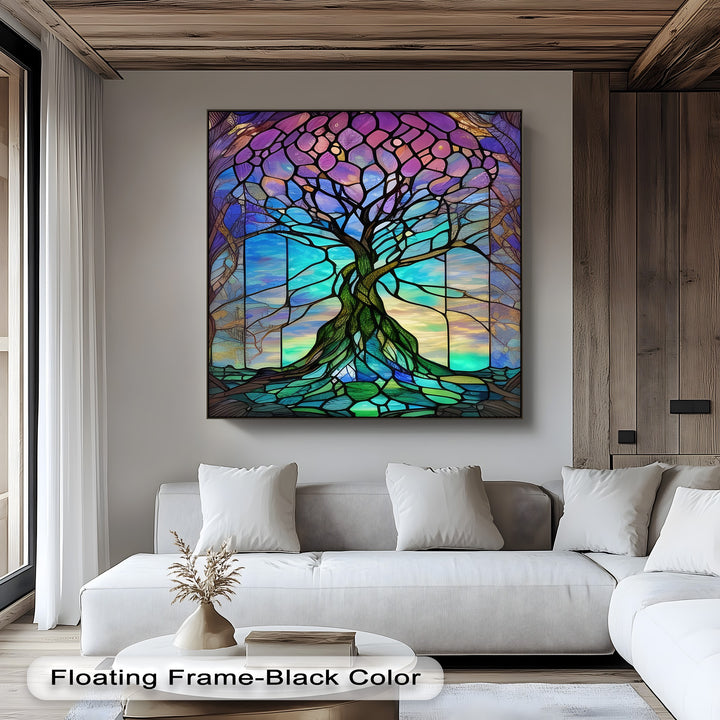 The darkest black floating frame elegantly surrounds a big canvas print depicting a vibrant stained glass tree, enhancing the colorful nature wall art.