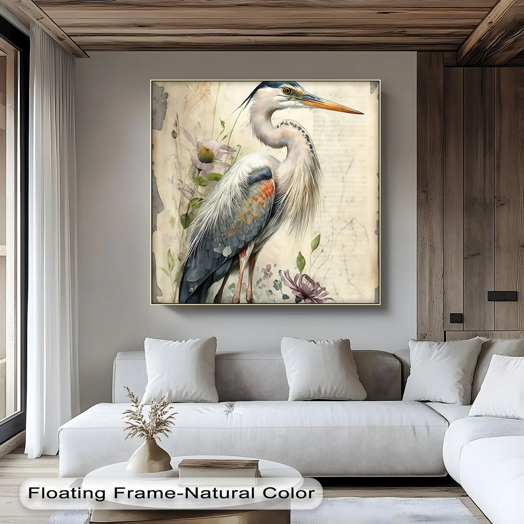 Graceful Heron Amid Wildflowers – Vintage Nature Canvas Print - MyPhotoStation