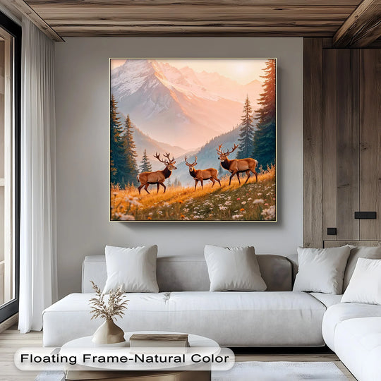 Vertical rectangular canvas pictures feature majestic elk in an alpine meadow scene with a mountain backdrop.