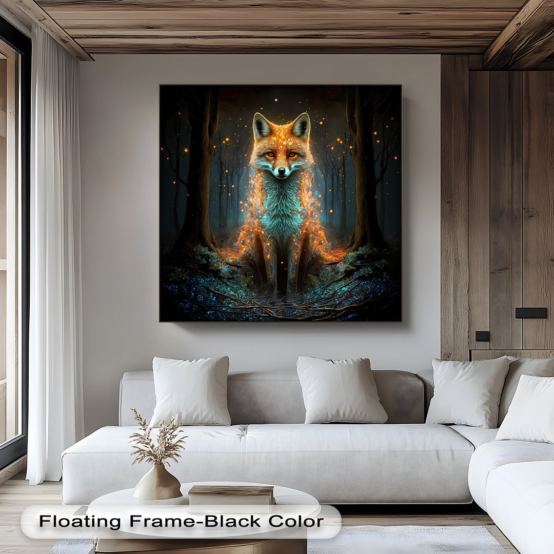 An enchanted, mystical mood emanates from this canvas wall art featuring a glowing mystic fox in a dark fantasy forest.