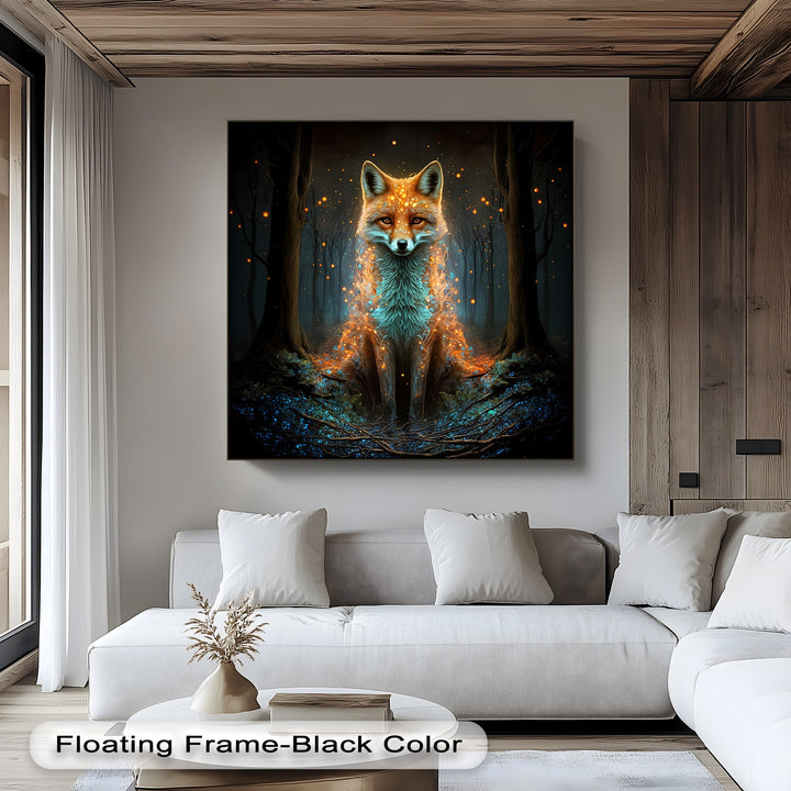 An enchanted, mystical mood emanates from this canvas wall art featuring a glowing mystic fox in a dark fantasy forest.