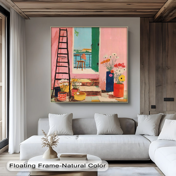 The stillness of the pink coastal balcony canvas wall decor captures the essence of a quiet Mediterranean doorway, complete with flowers and a serene sea view.
