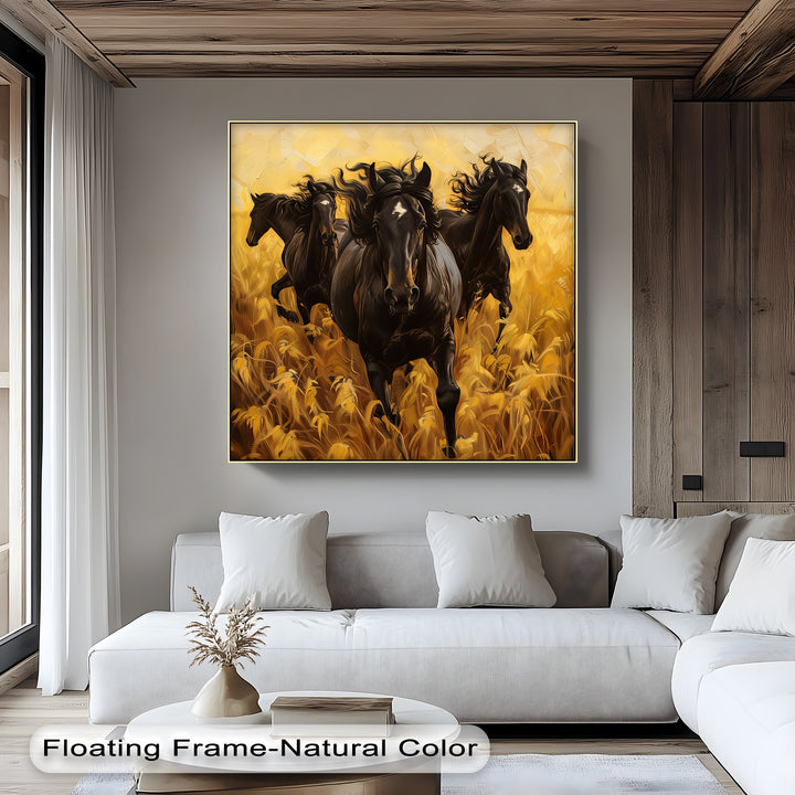 Black Horses Running Through a Wheat Field - Horse Canvas Print