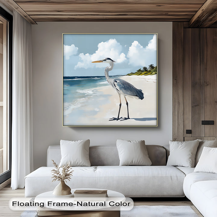 Coastal Heron Under Blue Skies – Tropical Beach Canvas Print