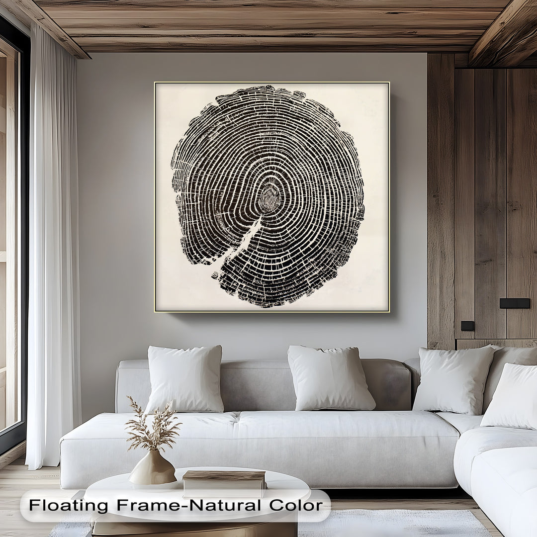 Shadows accentuate the stark contrast in this minimalist tree ring canvas painting, highlighting the wood grain texture and abstract form in a striking canvas painting.