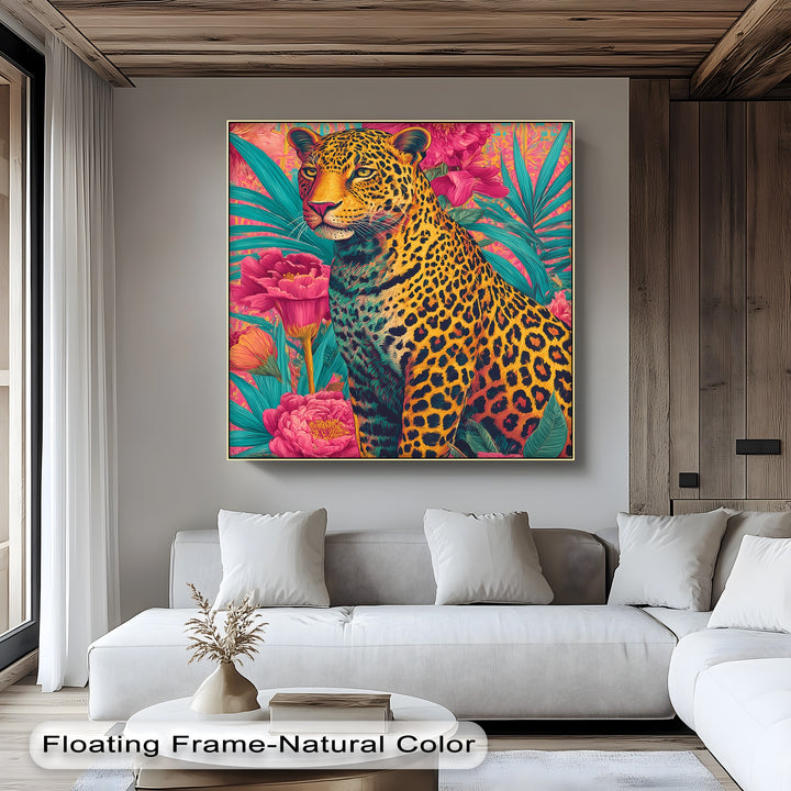 Regal Jungle Majesty – Vibrant Leopard in Floral Canvas Print