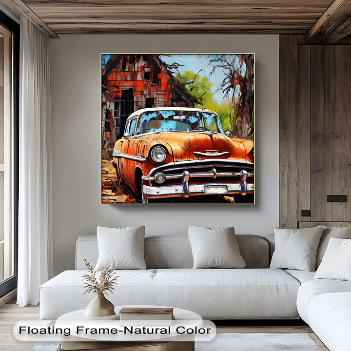 Rust & Remnants – Abandoned Vintage Chevy by a Forgotten Barn Canvas Print