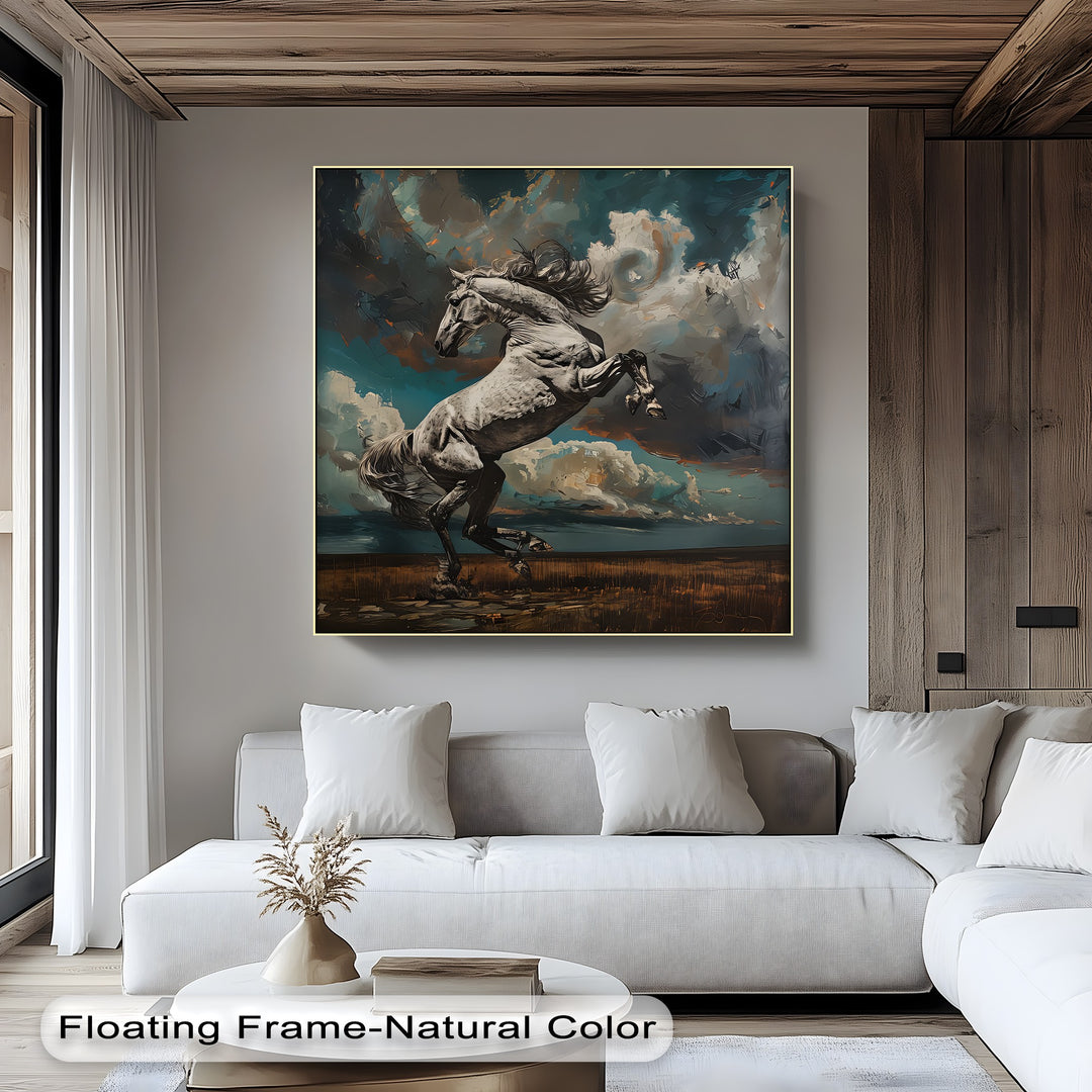 White Stallion Rearing Under a Turbulent Sky - Horse Canvas Print