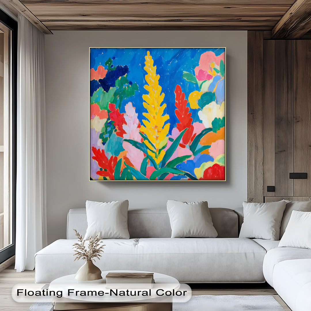 Featuring a natural color floating frame, this vibrant Fauvist flower canvas artwork is a colorful abstract garden wall art print with clean edges.