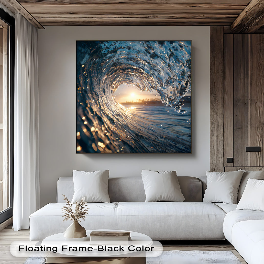 The deep black frame of the ocean wave canvas painting sharply contrasts with the bright sunset seascape, accentuating the golden light on the waves.