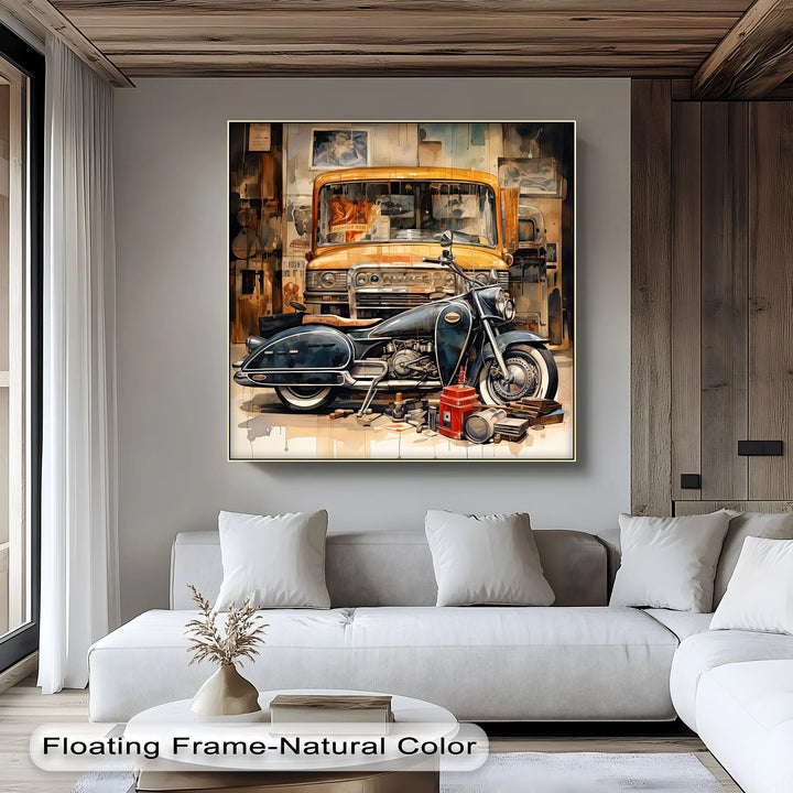 Garage Time – Classic Motorcycle and Vintage Truck Canvas Print - MyPhotoStation
