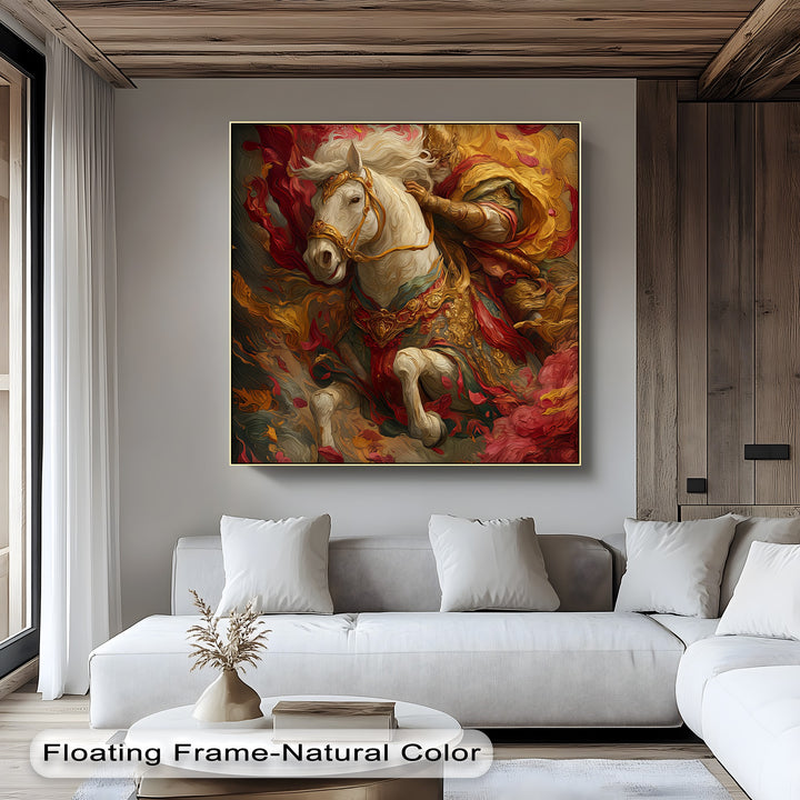 The Crimson Charge – Warrior on White Steed Canvas Print