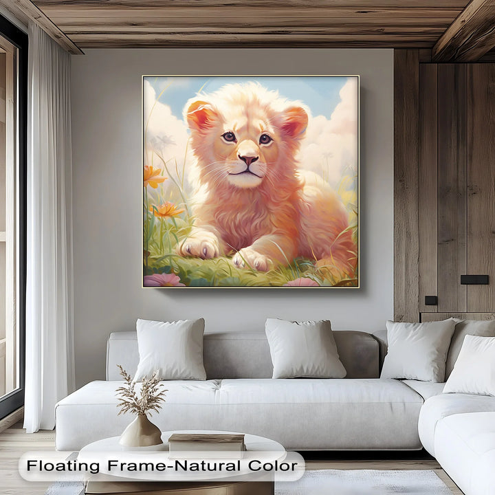 Innocent Majesty – Baby Lion Cub in Blooming Field Animal Canvas Print - MyPhotoStation