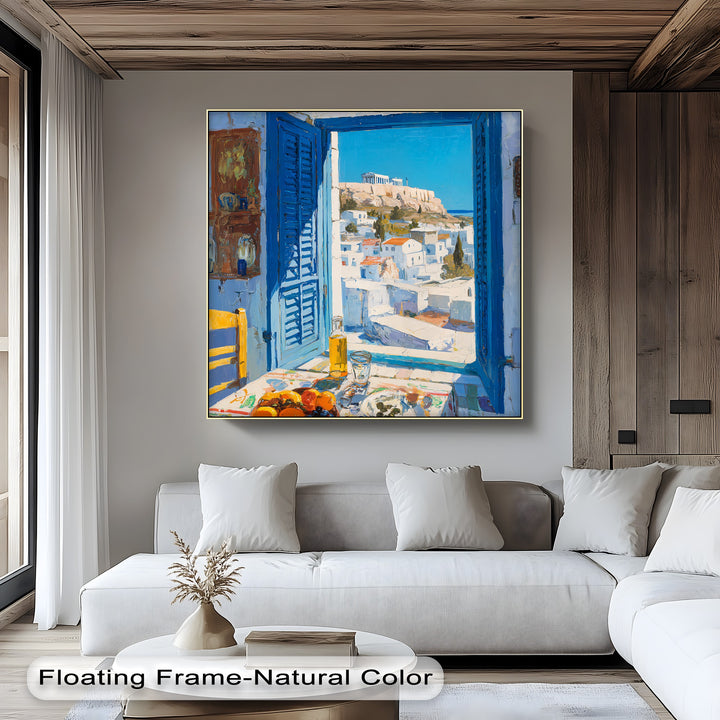Stillness permeates the big canvas prints of a Greek window view, capturing the tranquil Santorini landscape and Mediterranean coastal table scene.