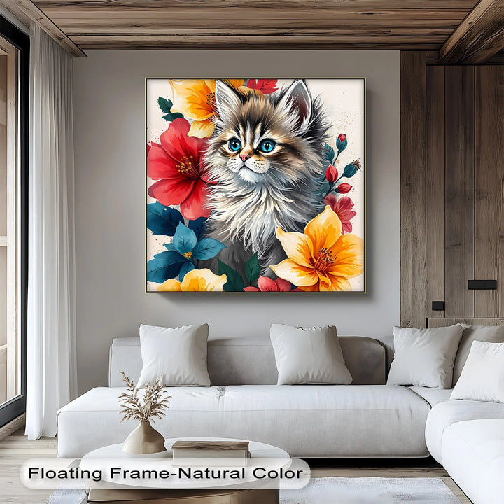 Fluffy Kitten Surrounded by Vibrant Florals - Cat Canvas Print - MyPhotoStation