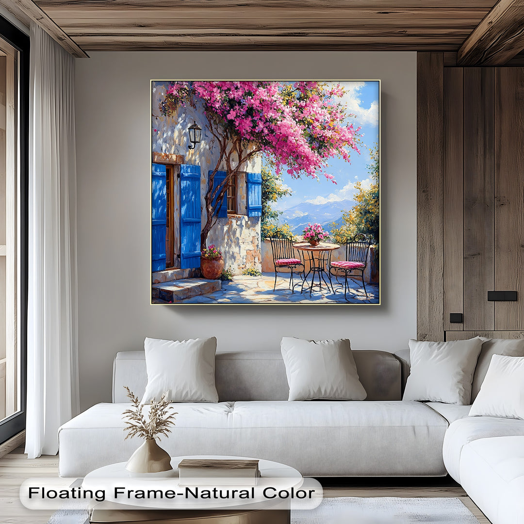 Bougainvillea Breeze – Pink Blossoms and Blue Shutters Canvas Print