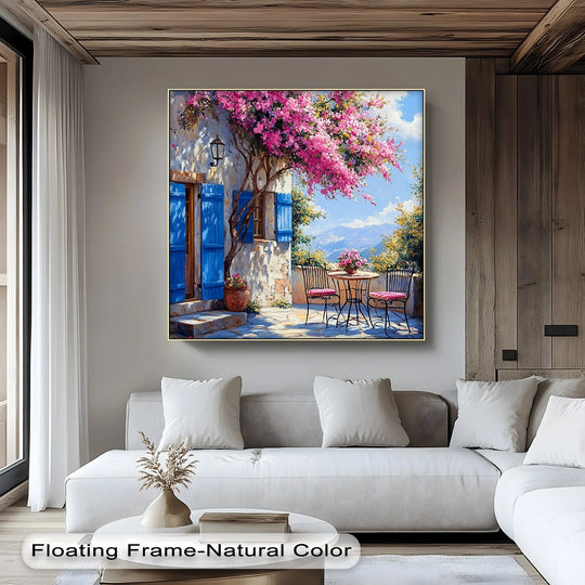 Alternating blue shutters and sun-dappled foliage establish a vibrant visual rhythm within this Bougainvillea Breeze framed canvas print.