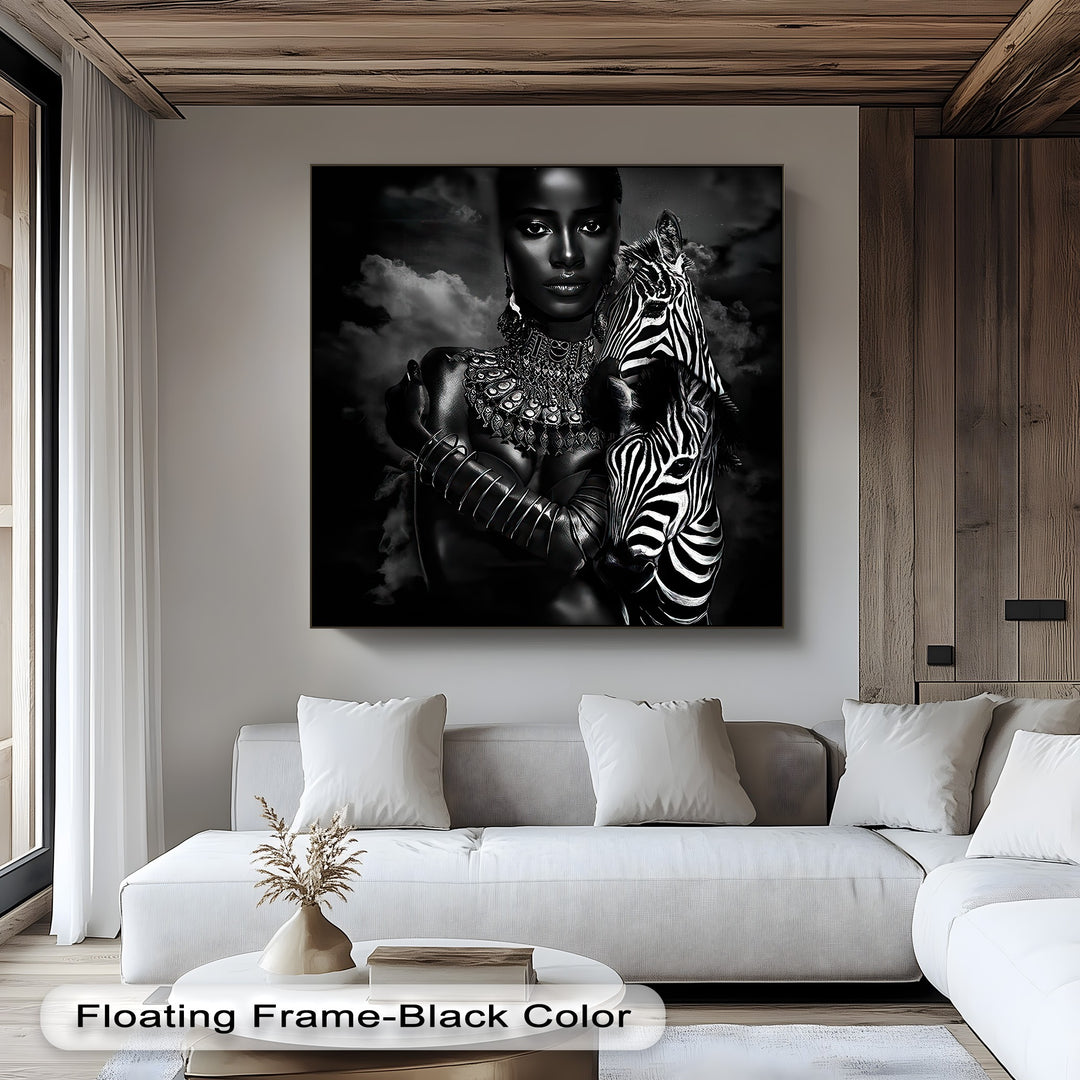 The dynamic monochrome zebra canvas artwork captures a compelling portrait against swirling clouds, suggesting a fluid, elegant movement.