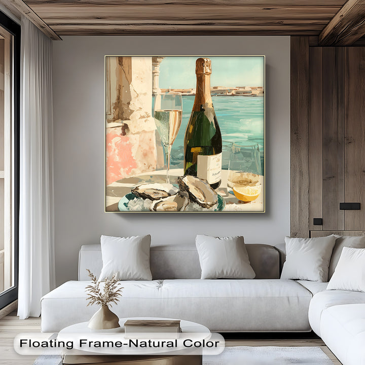 Canvas wall art showcases vibrant aqua water against muted earth tones of a seaside scene.