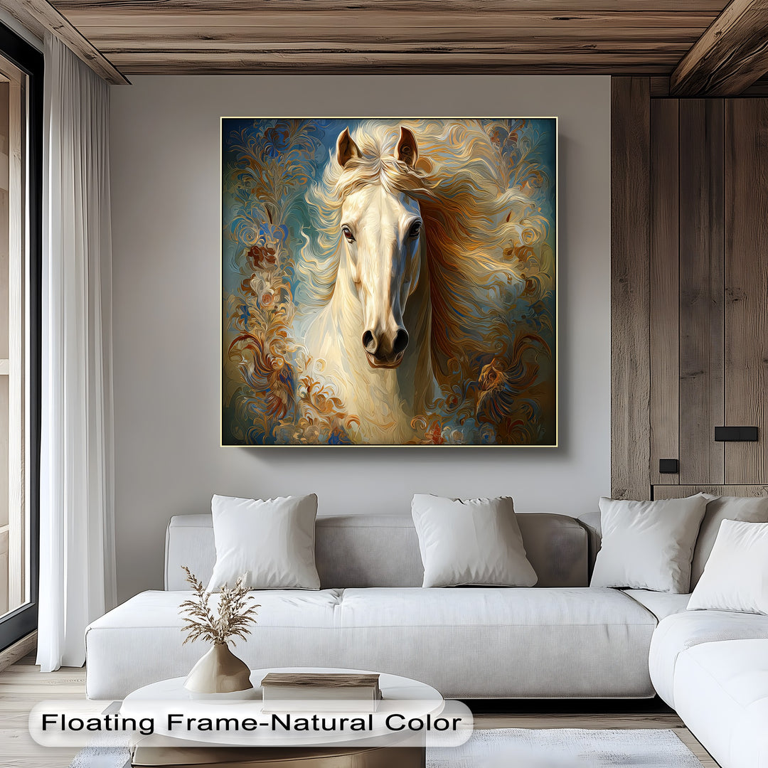 White Horse with Flowing Mane and Ornamental Aura - Horse Canvas Print
