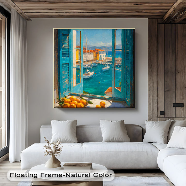 Light and shadow play across the Mediterranean harbor window canvas pictures, highlighting the vibrant coastal village and the still life of lemons in the seaside view.