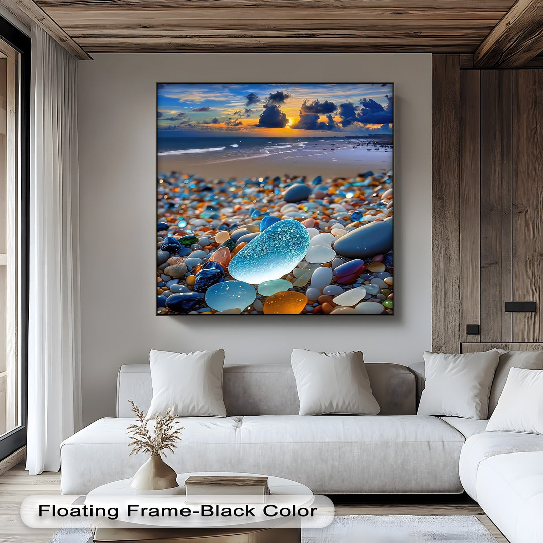 The tranquil mood of this coastal sunset featuring glowing sea glass and colorful pebbles makes it one of the best canvas prints.