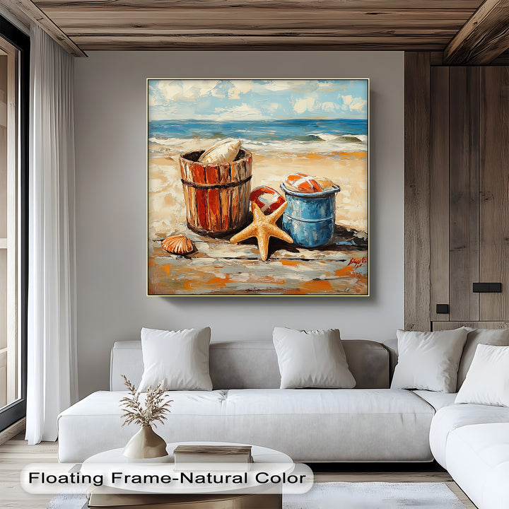 Beach Day Memories – Vibrant Coastal Bucket Scene Canvas Prints