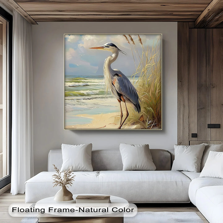 Coastal Grace – Majestic Heron by the Shore Canvas Print - MyPhotoStation