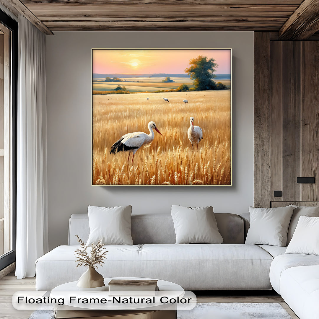 Golden Fields at Dusk – Stork Landscape Canvas Print