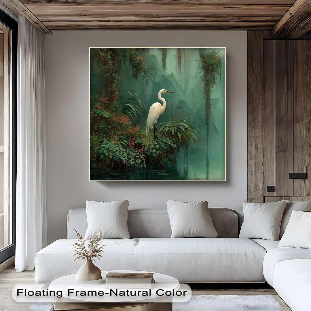 Displayed majestically, the mystic jungle heron canvas artwork is a tropical wildlife wall art print, making a loud statement with its nature-inspired elegance.