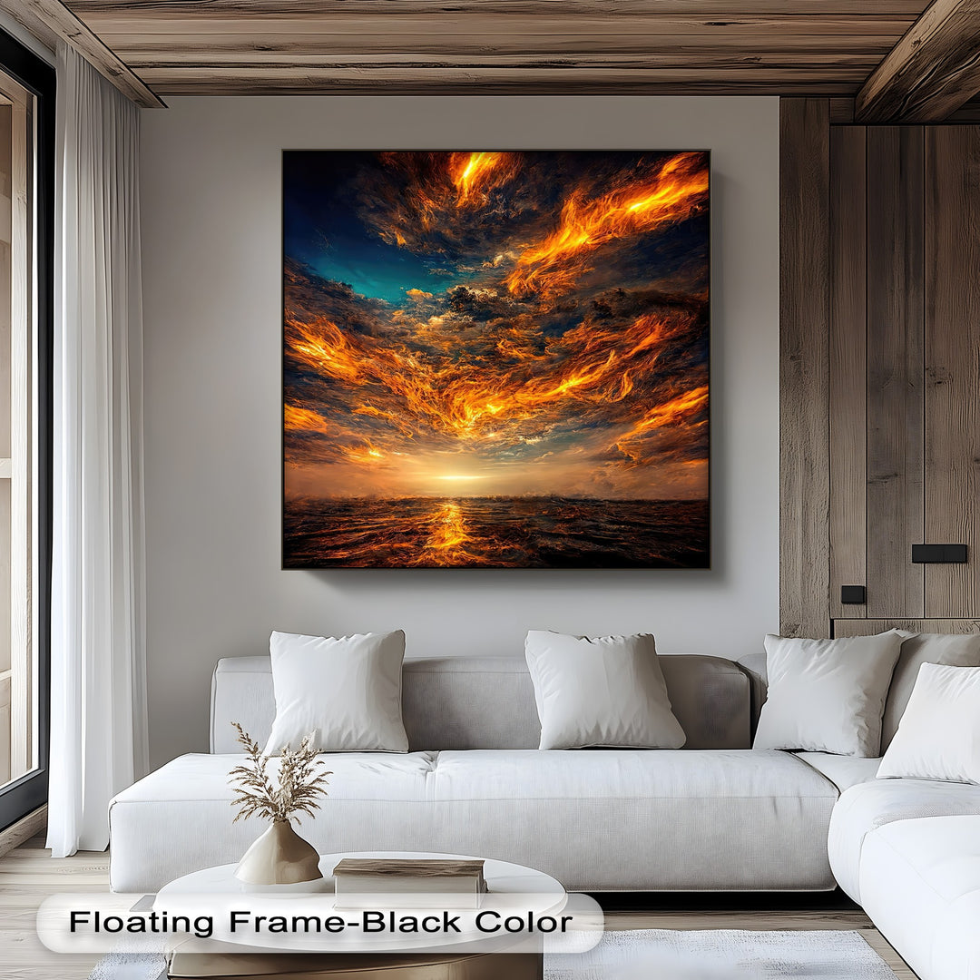 Showcasing a mesmerizing layering effect, this dramatic canvas wall art features fiery orange clouds above a turbulent dark ocean.