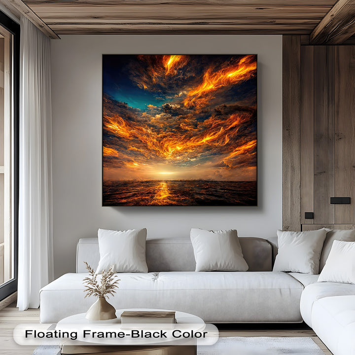 Showcasing a mesmerizing layering effect, this dramatic canvas wall art features fiery orange clouds above a turbulent dark ocean.