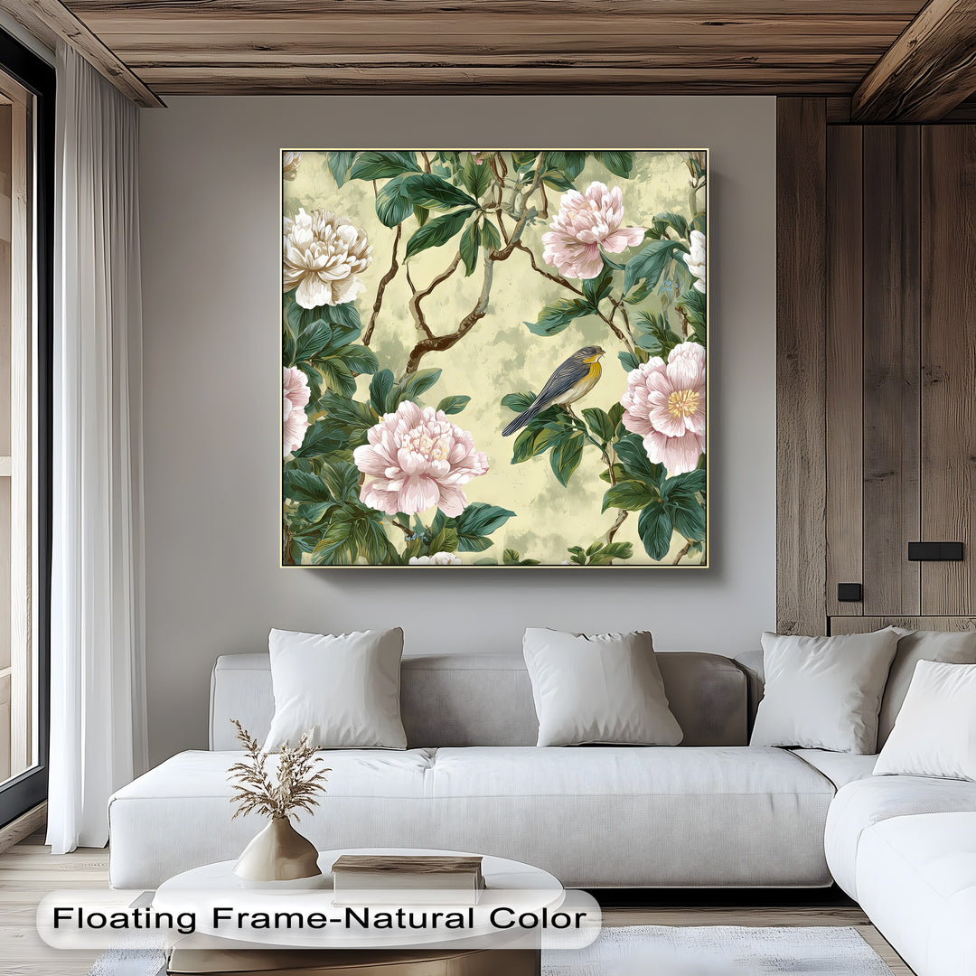 Peony Flowers and Bird - Botanical Canvas Wall Art | Framed Art
