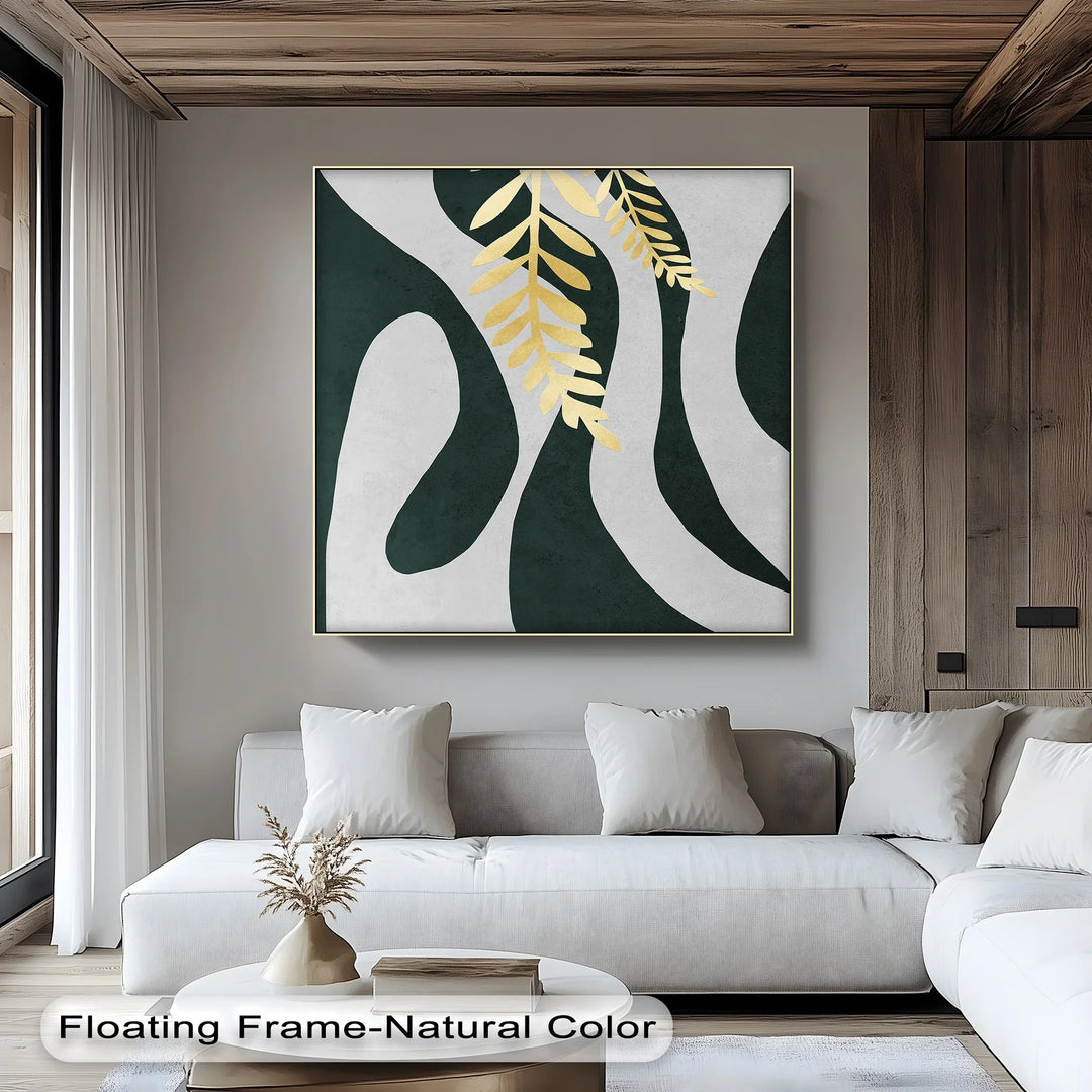 Golden Fern Over Emerald Flow – Minimal Botanical Canvas Print - MyPhotoStation