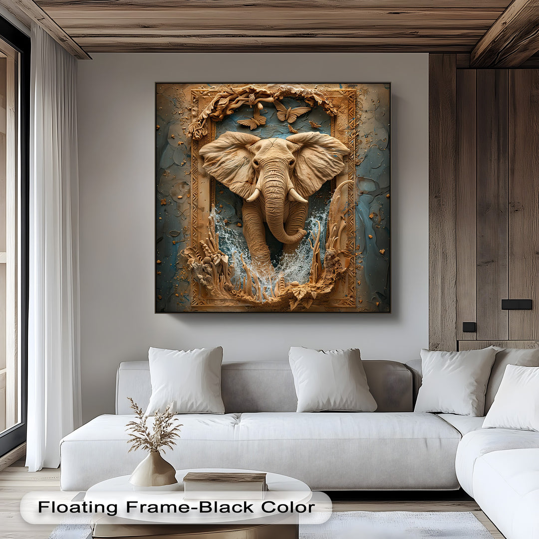The layering effect presents a majestic elephant canvas artwork, emerging from an ornate frame with splashing water and carved butterflies.