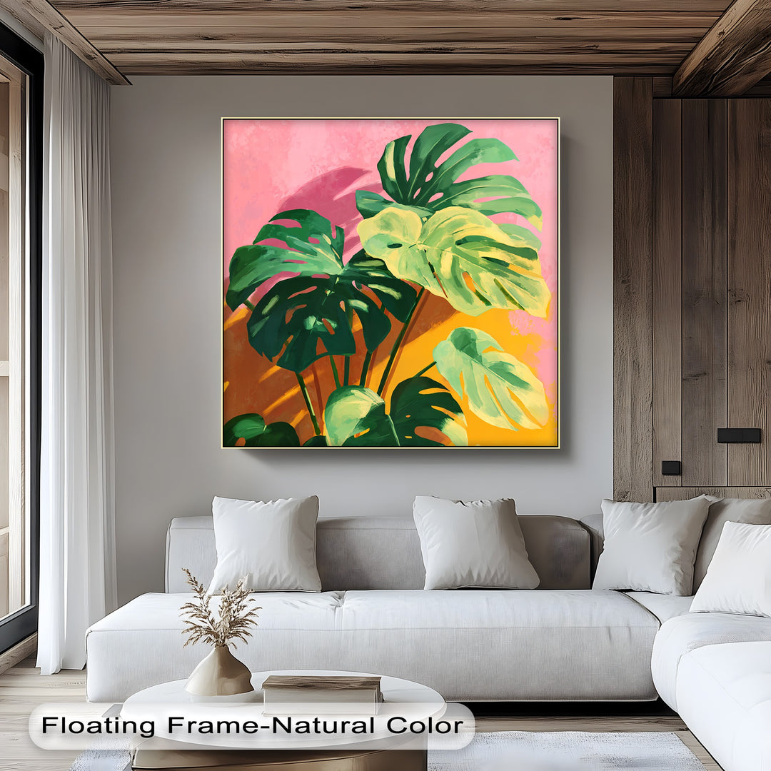 Warm tones dominate this tropical monstera leaves canvas print, creating a vibrant yet inviting color temperature for the big canvas prints.