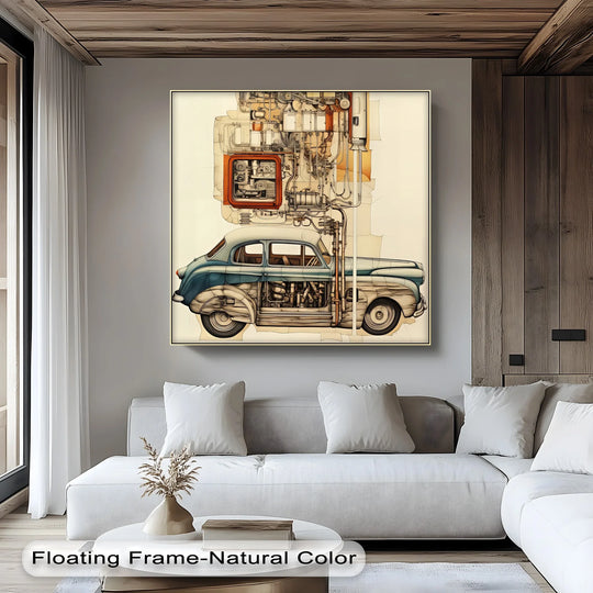 Warm color temperature highlights the vintage blueprint breakdown of a classic sedan on high quality canvas prints, creating an inviting ambiance.