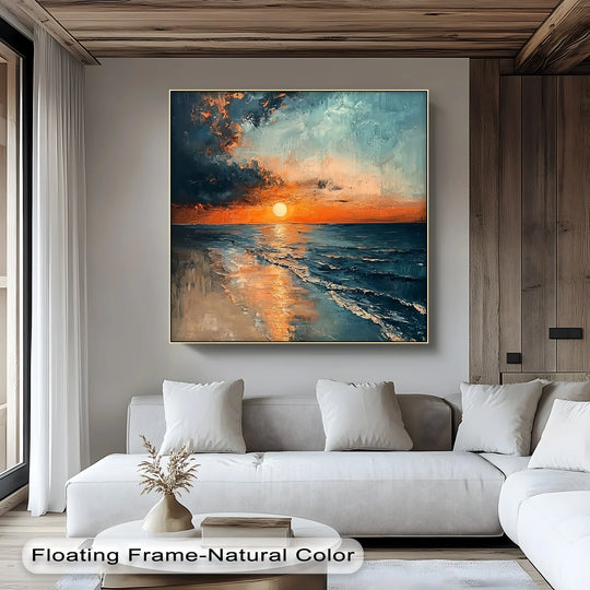 The tranquil seascape canvas pictures showcase the sunset serenity over an ocean shore, reflecting its vibrant colors and dramatic clouds.