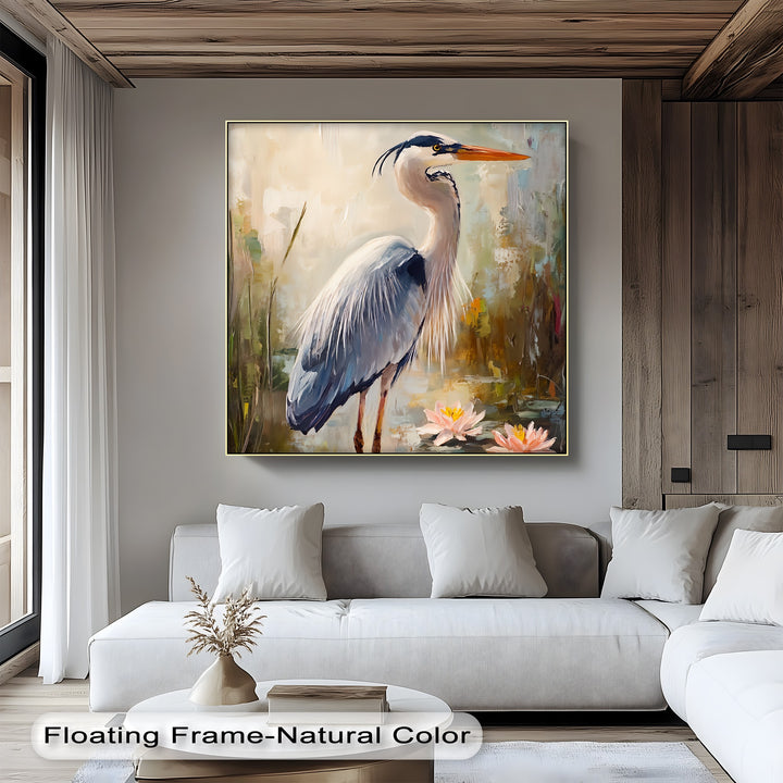 Graceful Heron Among Lilies – Serene Wildlife Canvas Print