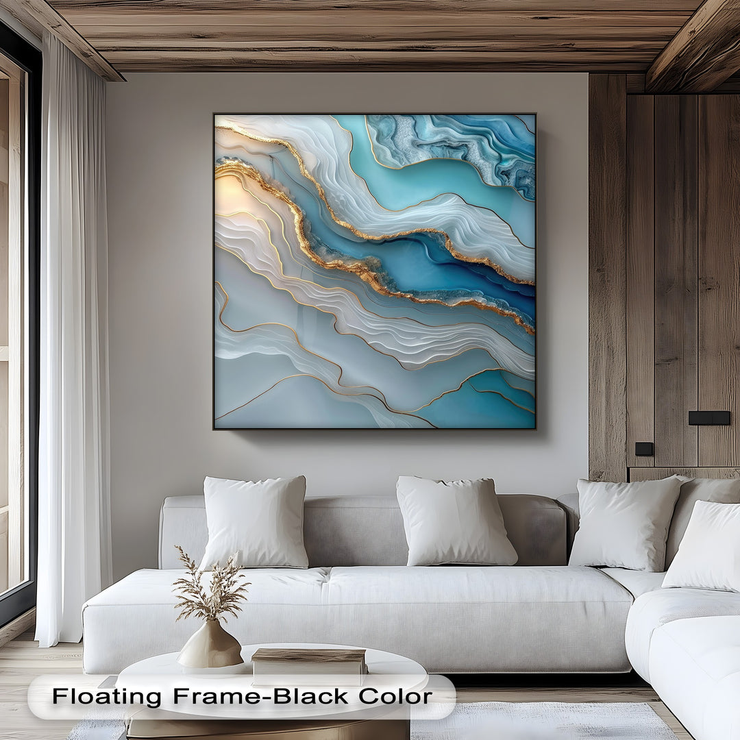 Vertically oriented rectangular canvas art print showcases swirling abstract patterns of turquoise agate and gold-toned accents.
