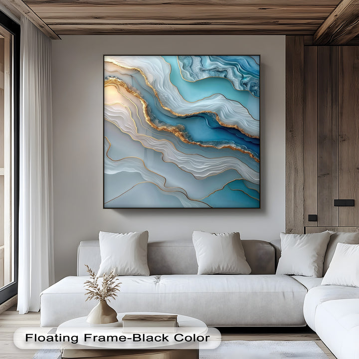 Vertically oriented rectangular canvas art print showcases swirling abstract patterns of turquoise agate and gold-toned accents.