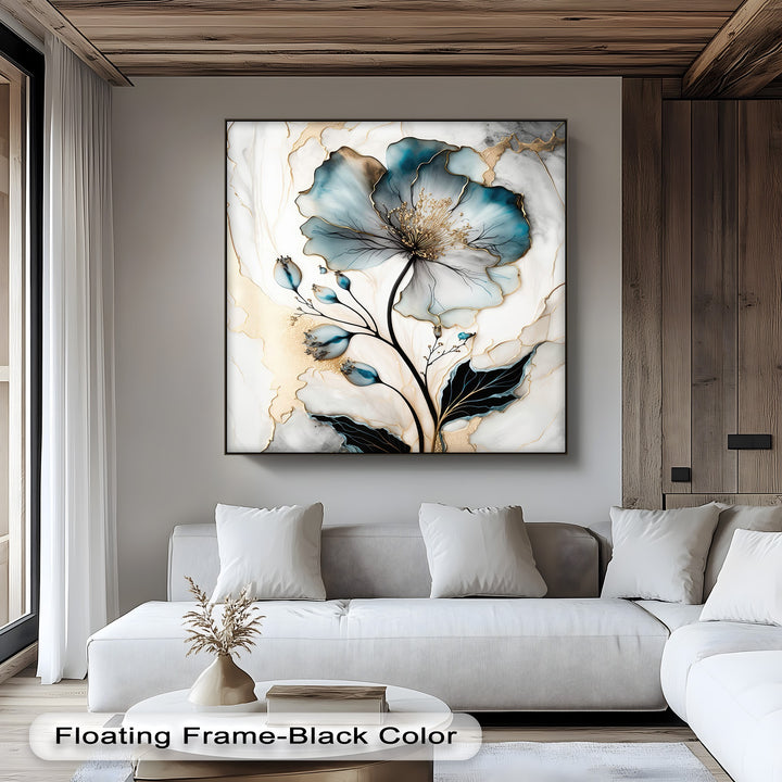 The visual rhythm of this luxury abstract flower canvas wall art with its flowing azure petals and gilded accents enhances the modern decor.