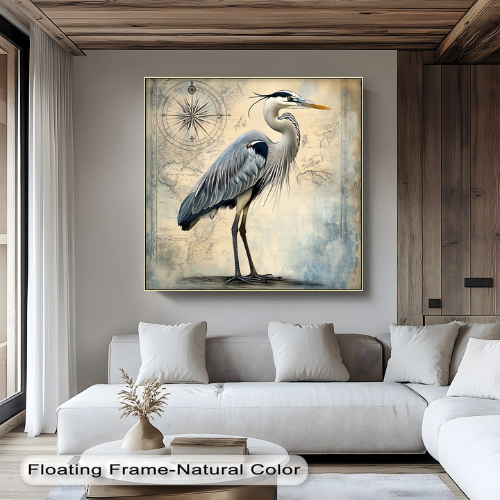 Navigational Heron – Vintage Map Inspired Bird Canvas Print